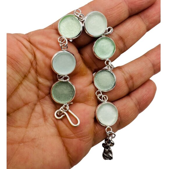 Sea Glass & Silver Plated Cabochon Bracelet - Picture 5 of 11